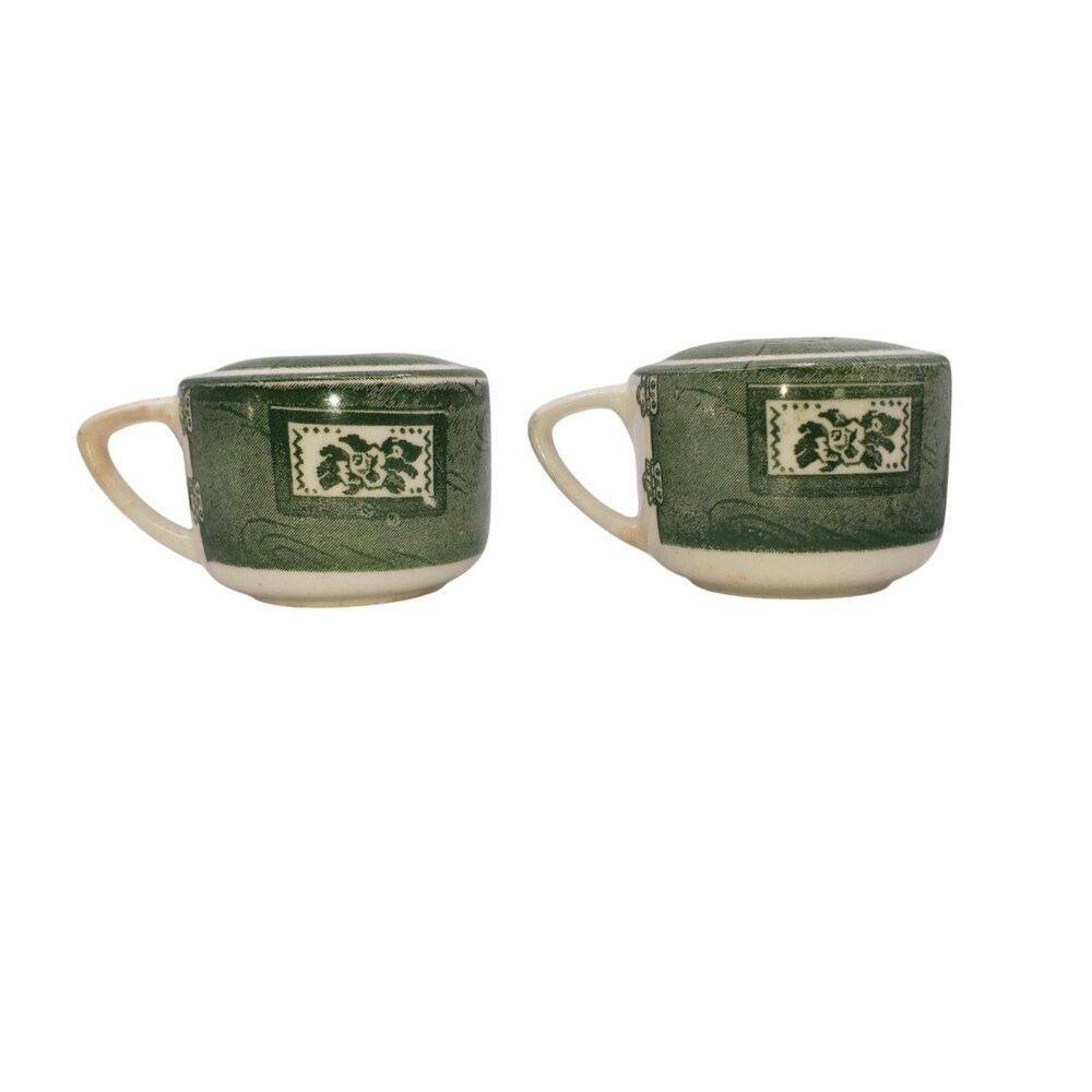 Green Ceramic Salt & Pepper Shakers Pair Mug Shaped Vintage Style Crazing Set